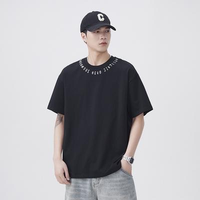 Simple Textured Letter Print 250g Pure Cotton Comfortable Fit Round Neck T-shirt