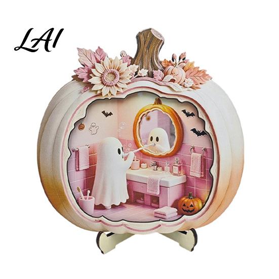Indoor Fall Tabletop Centerpiece Halloween Ghost Pumpkin Wooden Plaque 2D Flat Sign Gift for Lovers Spooky Bathing Reading Ornament Home Office