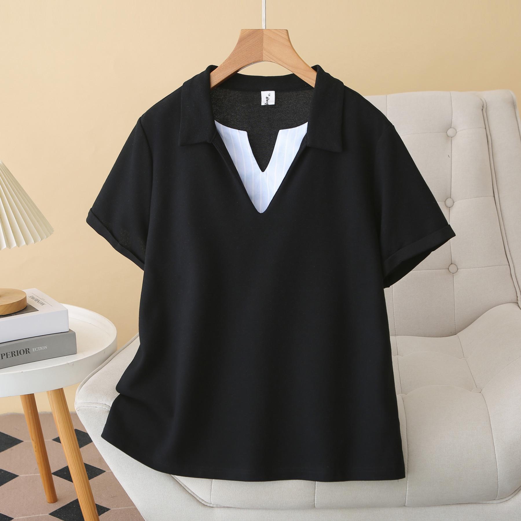 

Plus Size Women s Color Block V-Neck Polo Tee - Short Sleeve 2-in-1 Design 3XL чорний