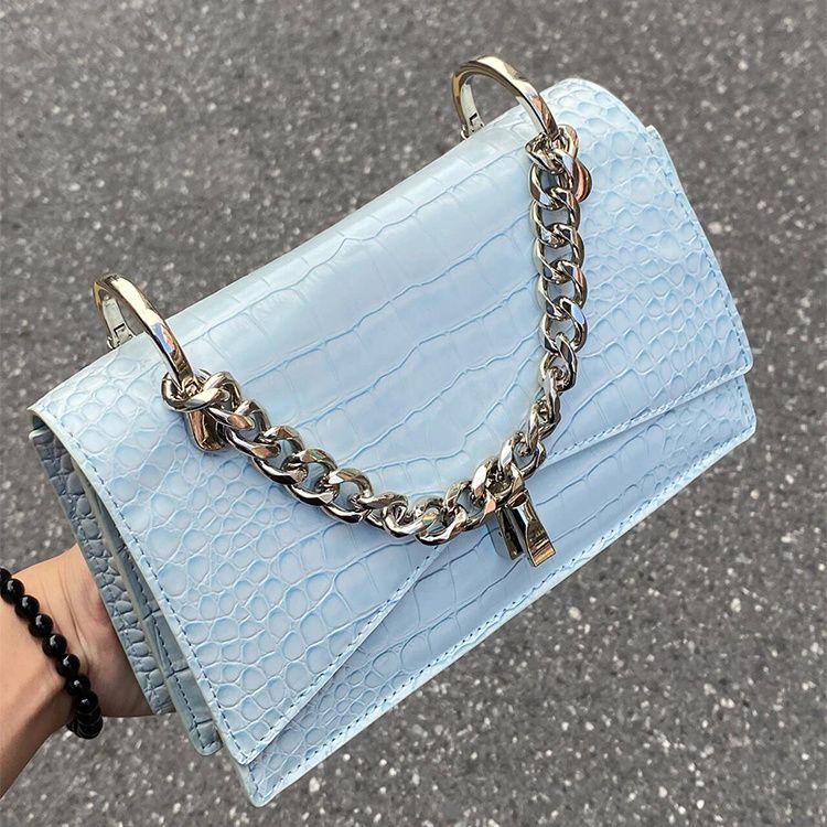 

Hot Girl Blue Chain Handbag Women Faux Crocodile Pattern Square Large Capacity Shoulder Bags Ladies High End Y2k Crossbody Bag 24x16x6cm синій