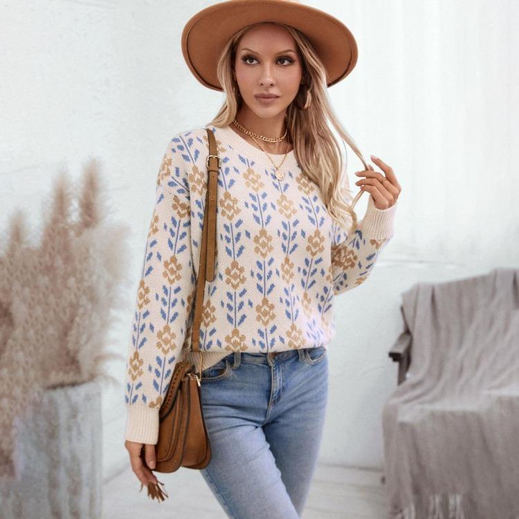 Loose Vintage O-Neck Long Sleeve Knitwear Autumn Winter Sweater Print Top Pullover