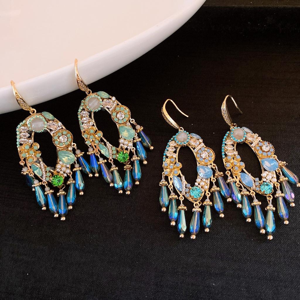 Fashionable Crystal Flower Tassel Earrings with Embedded Diamonds Women's Elegant Vintage Feel Holiday Style Jewelry
