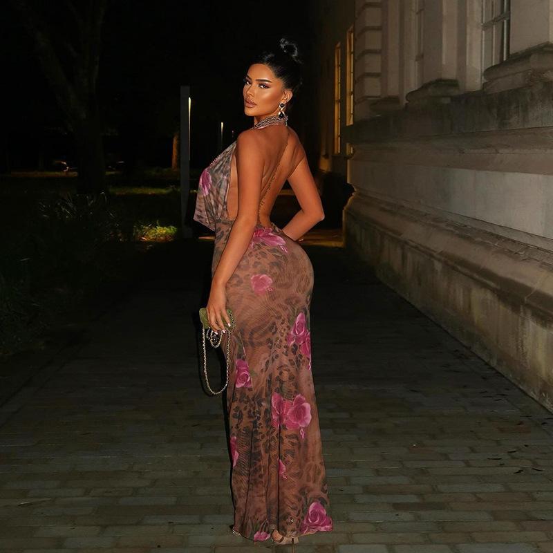 Sexy Neckholder Neckholder Taschenhals Print Kleid Damen Sommer Gewürzkleid