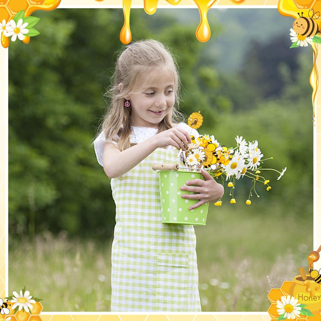 16 Pcs Summer Bee Double-Sided Wooden Picks Cute Honeybee Wooden Decorative Pick Daisy Bee Decorative Pick Summer Theme Party Su