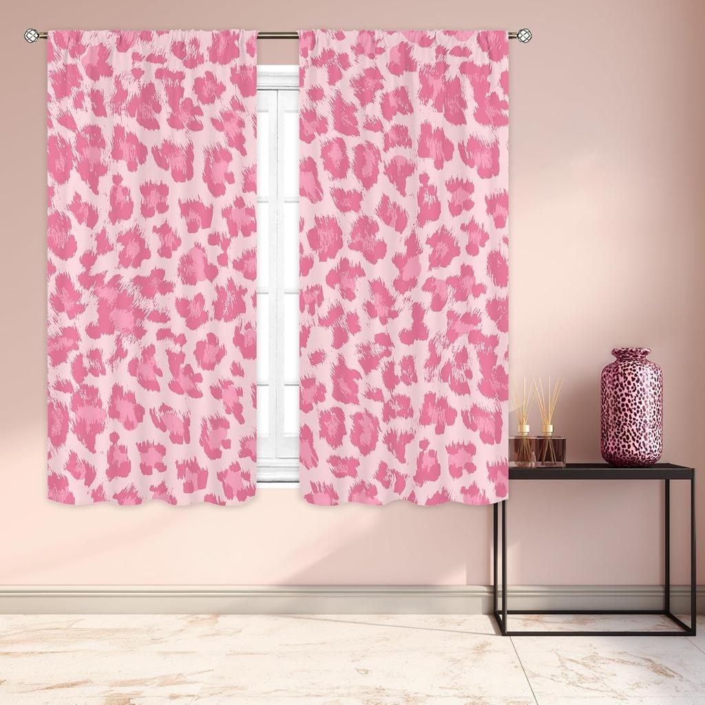 Modern Pink Bow Leopard Print Curtains Preppy Girly Cheetah Cute Pretty Sweet Girls Art Printed Retro Fashion Curtain Polyester With Rod Pocket