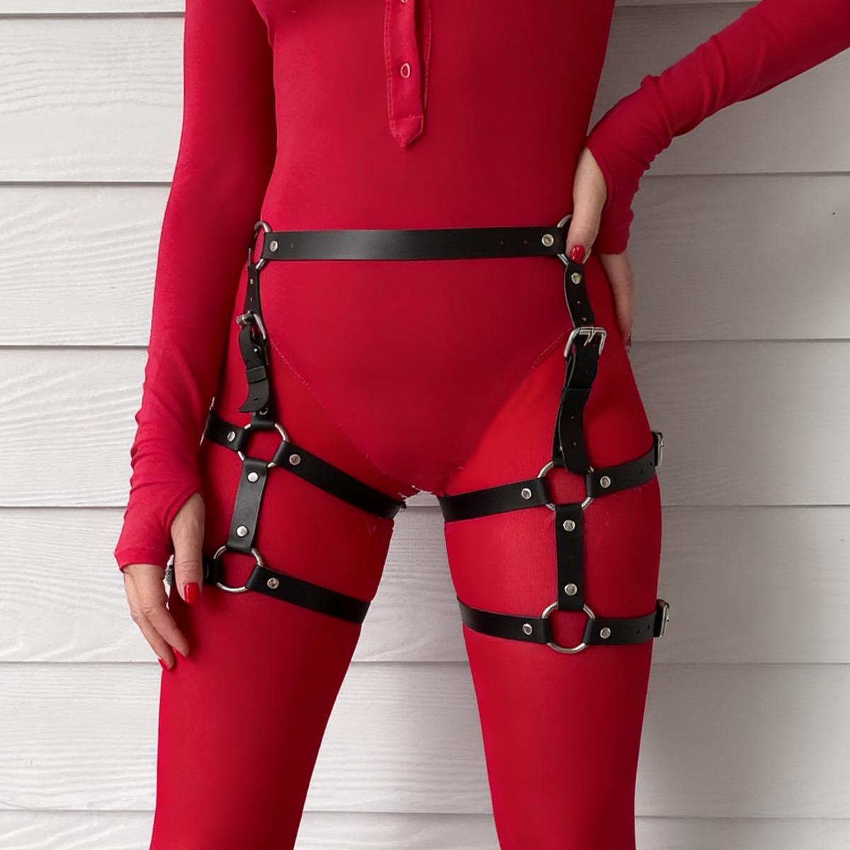 

Women S Fashion Leather Garter Belt - Adjustable Thigh High Leg Harness With Metal Ring Accents For Rave Party Outfit 101cm