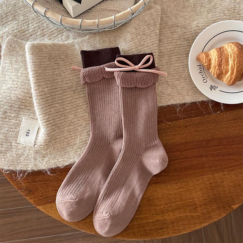 Japanese Sweet Ballet-Style Bow Socks for Women–Designer Double Ribbed Cuff with Flared Hem,Spring/Fall Versatile Stacking Socks
