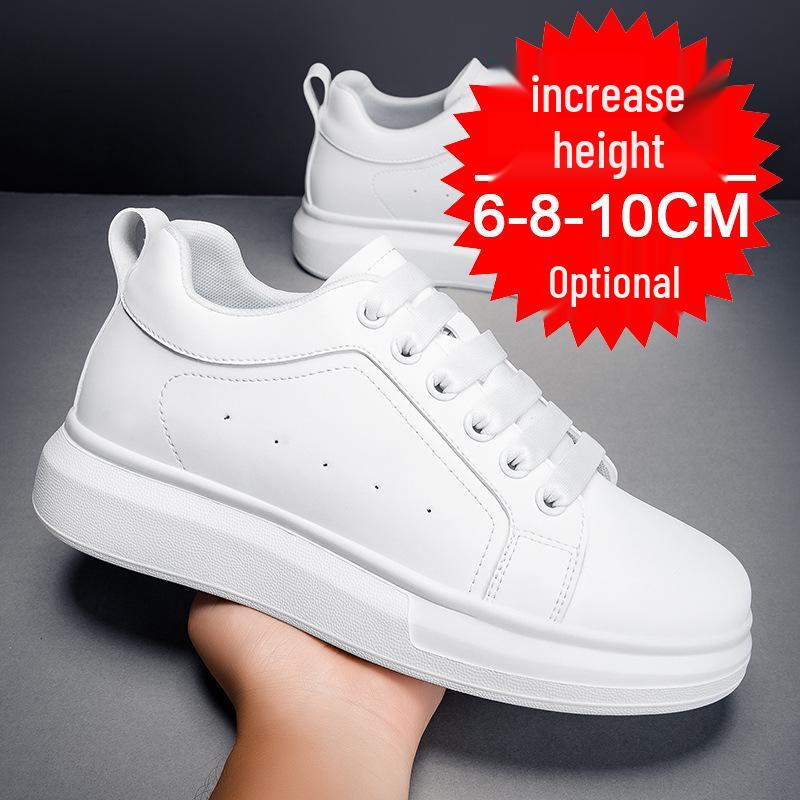 Men's White Height-Increasing Sneakers with Thick Sole, Invisible Inner Lift, and Casual Style, Large Sizes Available, 10cm Boost.