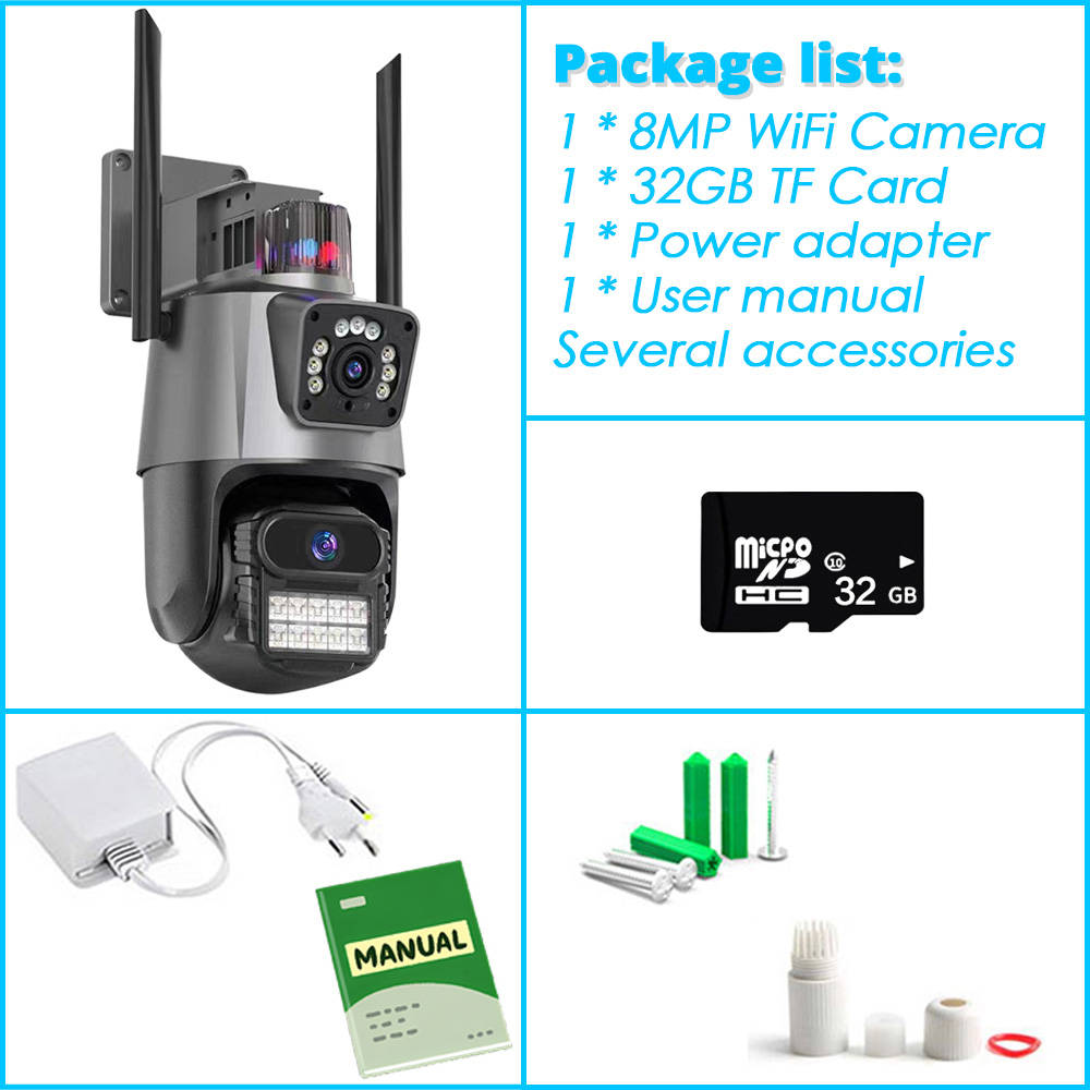 4K 8MP Dual Lens Dual Screen IP Camera WIFI Waterproof Color IR Night Vision Auto Tracking WIFI Surveillance Cameras V380pro App