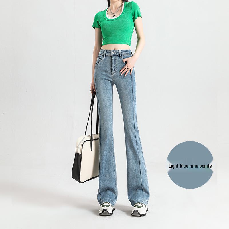 

Весна 2025 Petite Утягивающие Джинсы Микро-клеш с Высокой Посадкой для Женщин - Светло-голубые Укороченные Брюки M