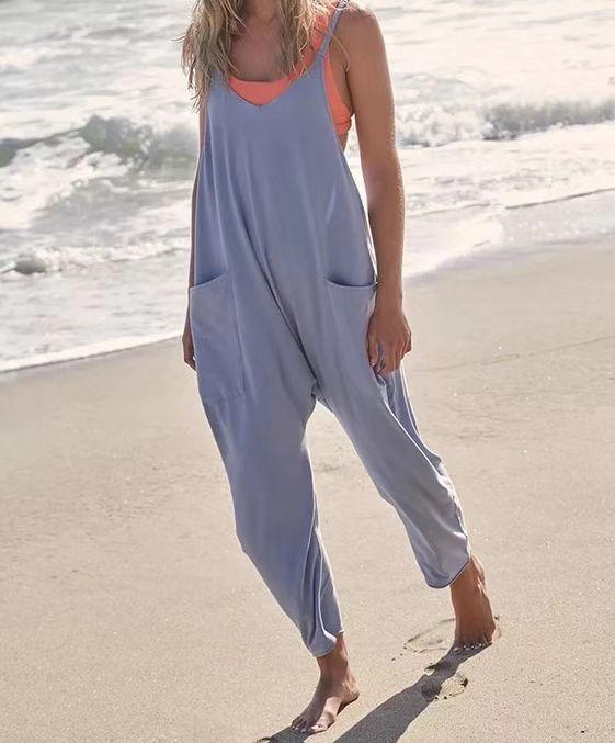 Damen Verstellbarer Träger Jumpsuit Lässig Locker Ärmellos Harem Romper mit Taschen