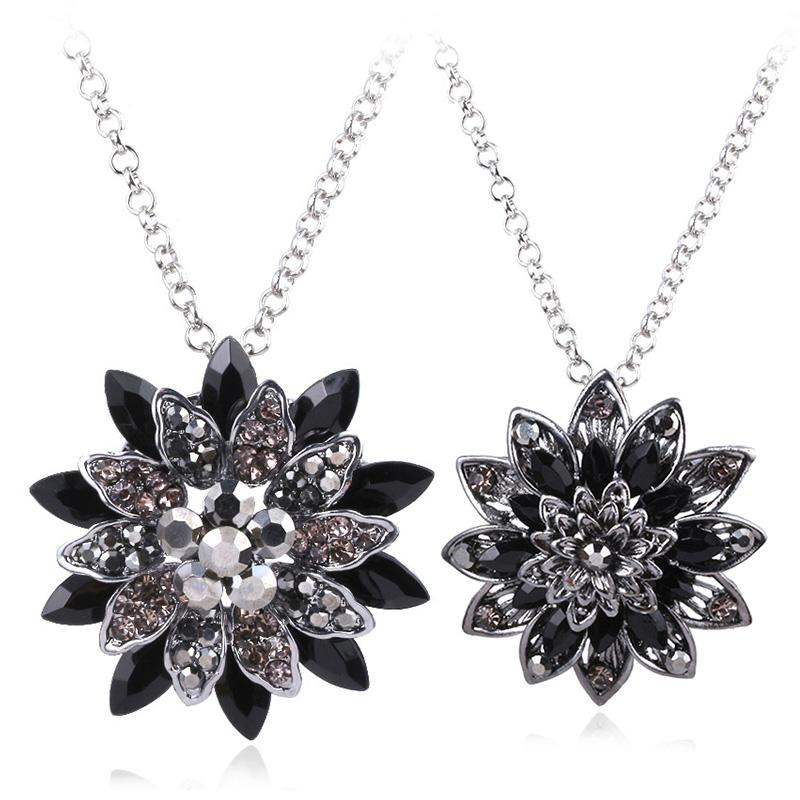 Michel Jone Zirkon Schwarze Dahlie Halsketten Vintage Blume Kristall Kupferlegierung Anhänger Halskette mit Perlen Schmuck Für Frauen Geschenk