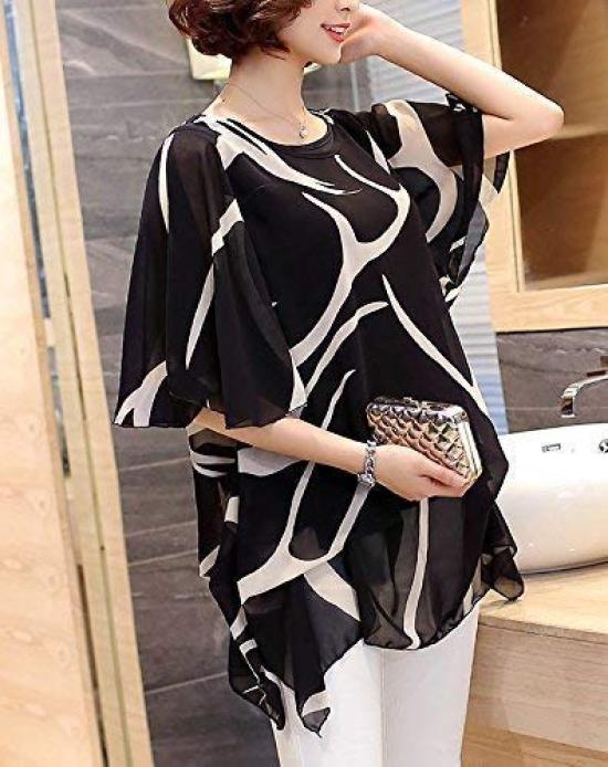 Aspersio Beautiful Chiffon Design Tops Flared Sleeves Sleeves Tunic Sleeves Slimming Pullover Shirt Sexy Striped Casual Cute Loose Satin Bicolor Round