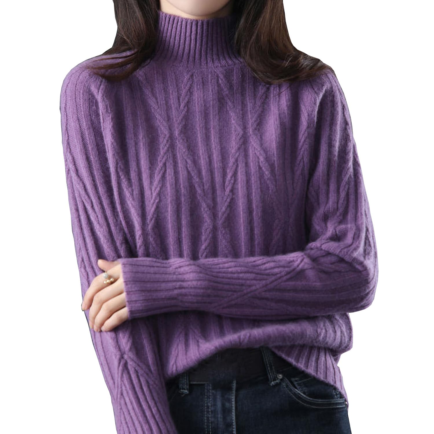 

Half Turtleneck Cable Stylish Top for Fall and Winter [V.for.M] Women s Sweater, Knit, (Free Size, Purple)