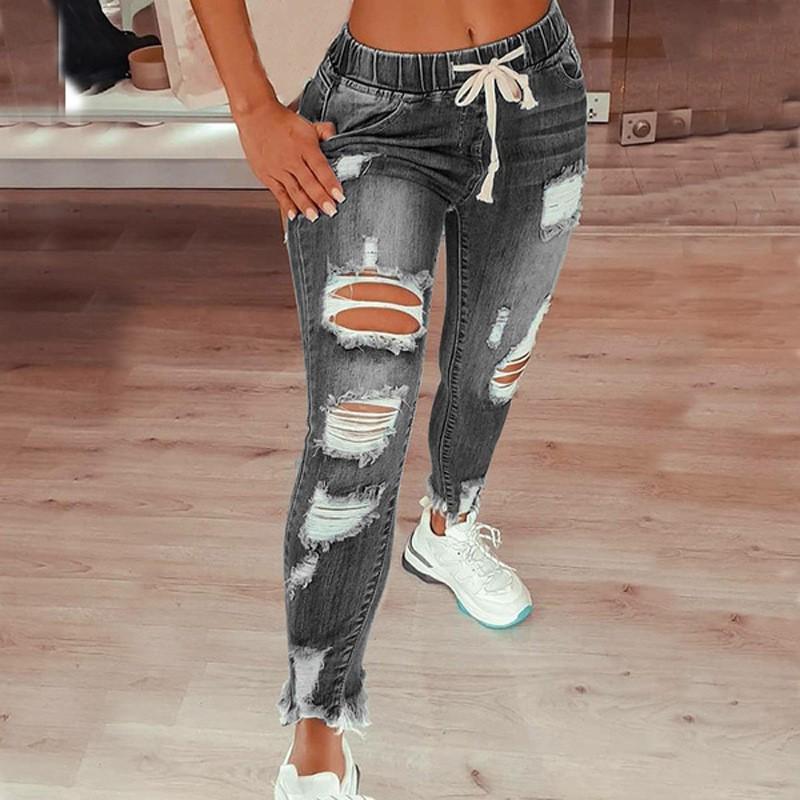 European & American Women's Elastic Waist Mid-Waist Lace-Up Slim Fit Small Leg Jeans - Elegant Commuting Long Jeans