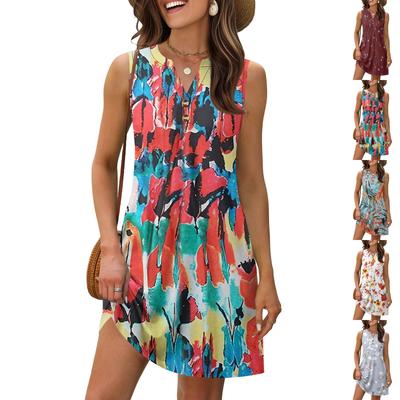 Ladies Fashion Vintage Floral Print V-neck Button-down Pocket Sundress Beach Resort Summer Dress
