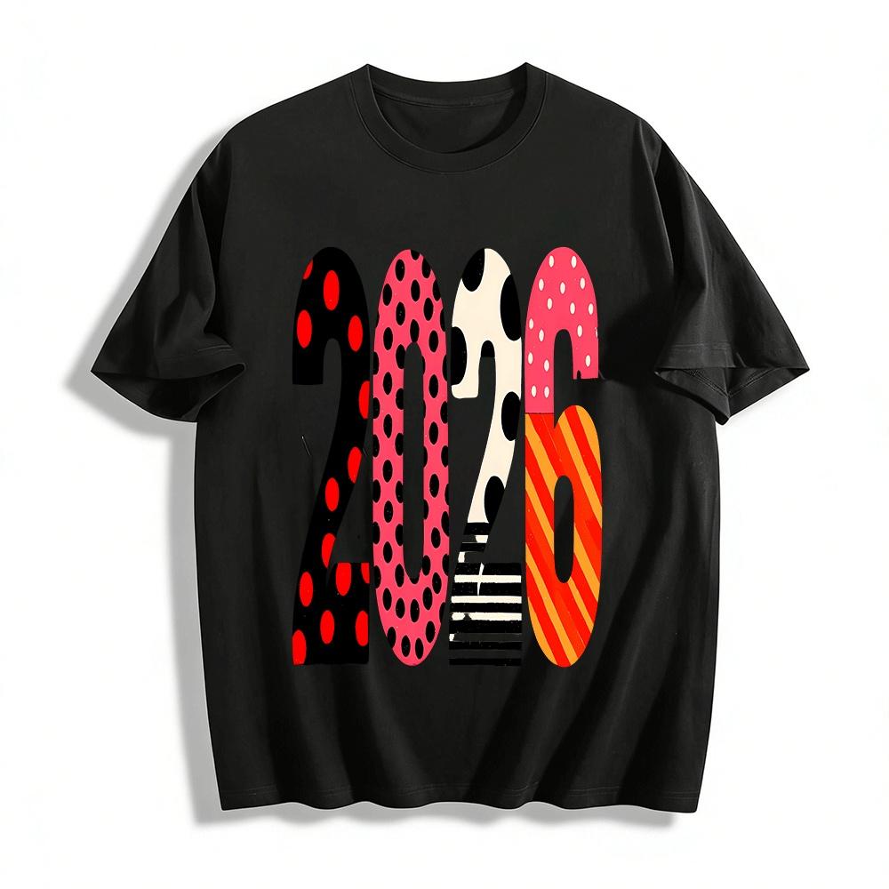 2026 Polka Dot Stripe Print New Year Casual Top For Men Women Pure cotton T-shirt XXS