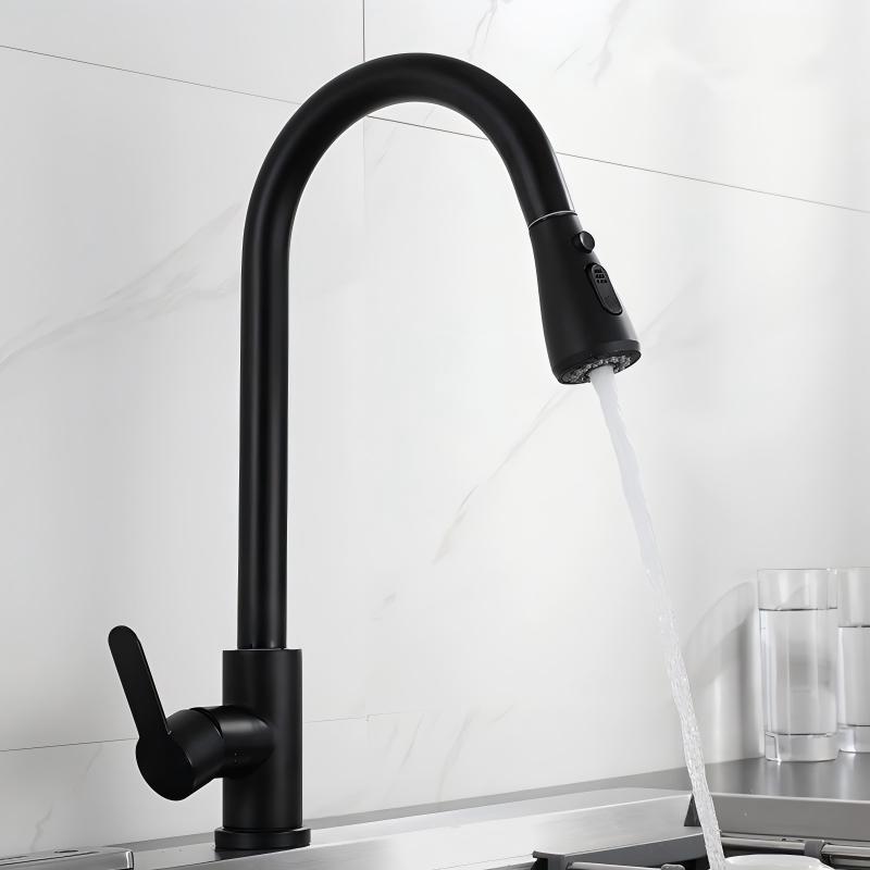 Vintage pull-out rotary kitchen faucet, 360° rotating stainless steel faucet, brushed/silver/black finish, suitable for sinks.