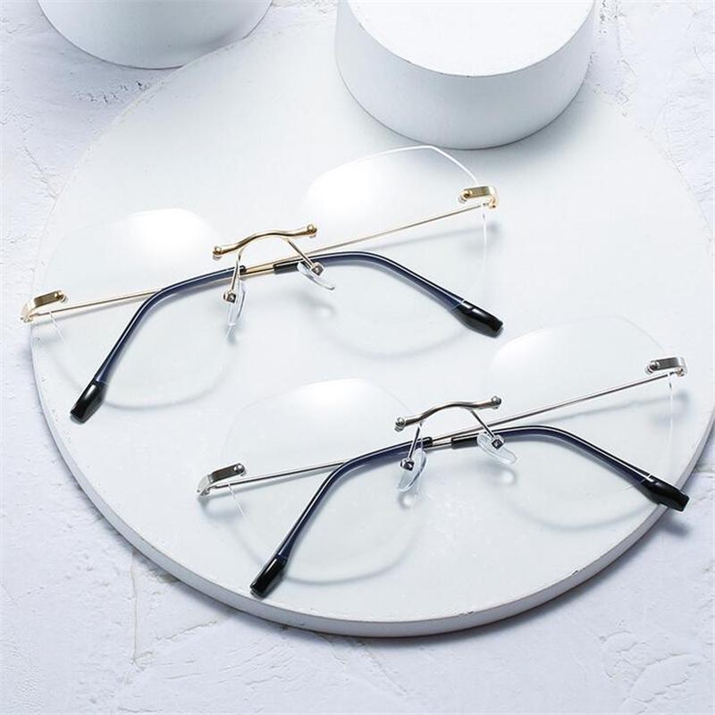 Ultralight Frameless Polygon  Blue Light Blocking Myopia Glasses Finished Women Oversized Diopter Eyeglasses 0 -0.5 -1.0 To -4.0