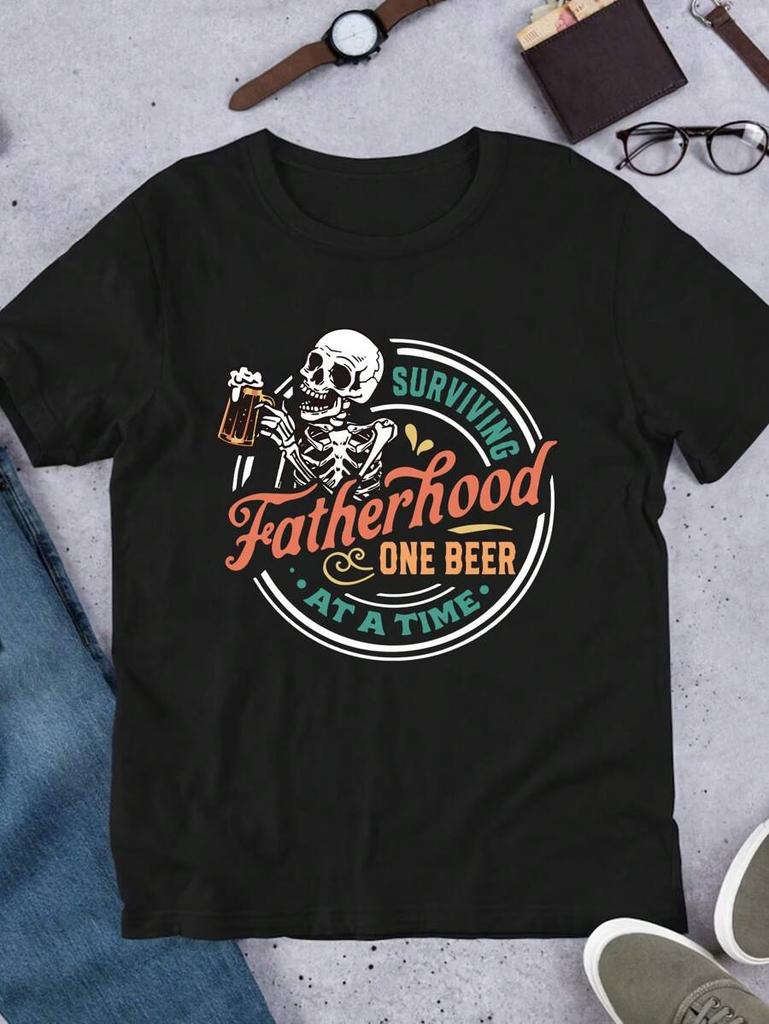 Manfinity Dauomo Casual "Una Birra Alla Volta, Vivi Da Papà" Divertente T-Shirt con Stampa di Lettere Scheletriche per Unisex