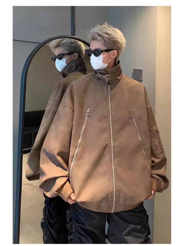 Men's Trendy Maillard Brown Leather Motorcycle Bomber Jacket with Lapel and Zipper