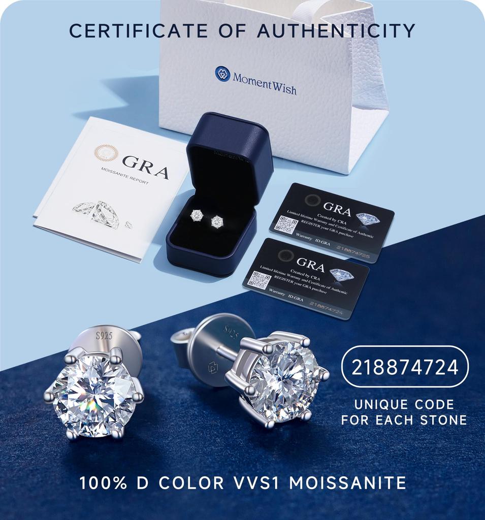 MomentWish Moissanite 1 karat øredobber Øredobber Hypoallergene øredobber D Farge VVS1 Simulerte diamantøredobber 5 mm øredobber, Kvinner Kvinner Kvinner