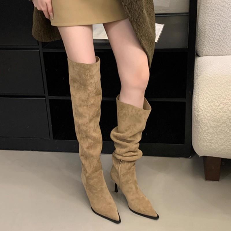 Temperament Hohe Stiefel Herbst Neu Spitzzehe Wildleder Seitlicher Reißverschluss Rutschfest Abriebfest Schlank Mitzieher-Stiefel