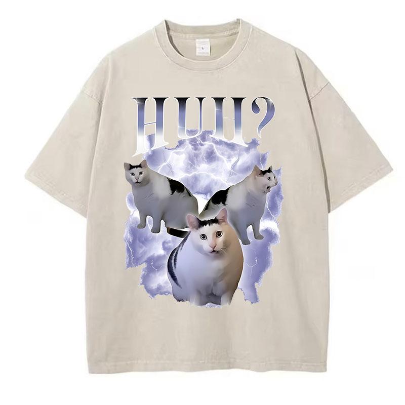 Funny T Shirt Vintage Washed Cotton T-Shirt Cat Saying Huh? Meme Graphic Tee Casual Streetwear for Spring Summer Fall