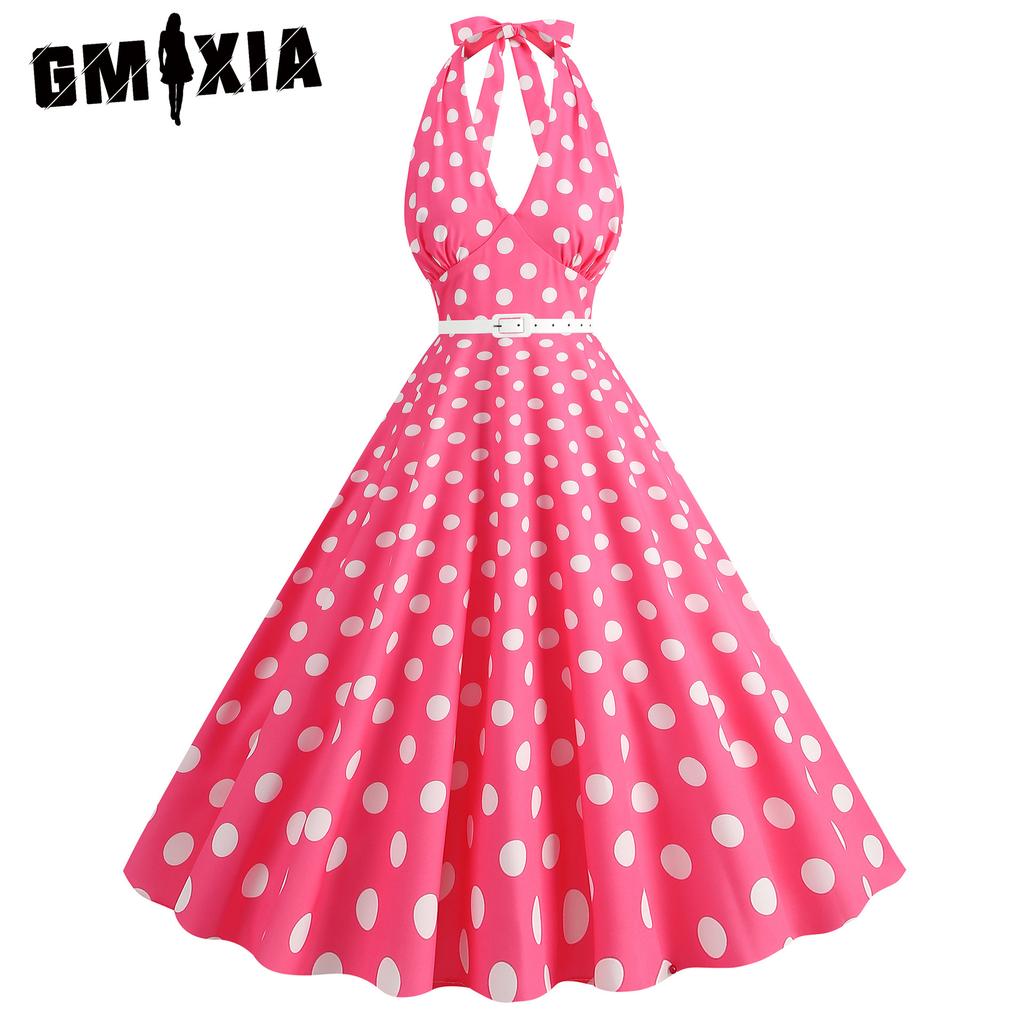 GMXIA Barbie Pink Women's Retro Neckline Polka Dot Print Swing Dress White Leather Belt