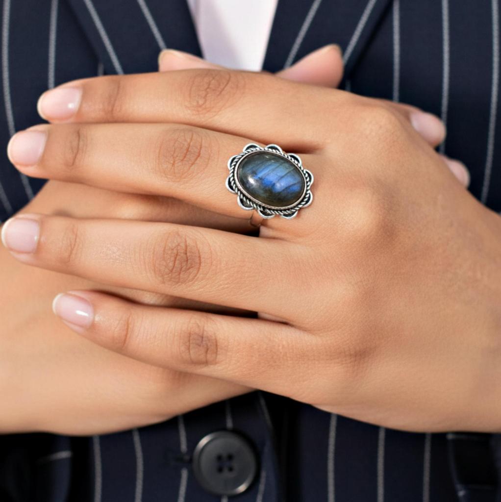 Blue Labradorite Floral Ring, 925 Sterling Silver, Minimalist Statement Ring, Gift for Her, Handmade Jewelry