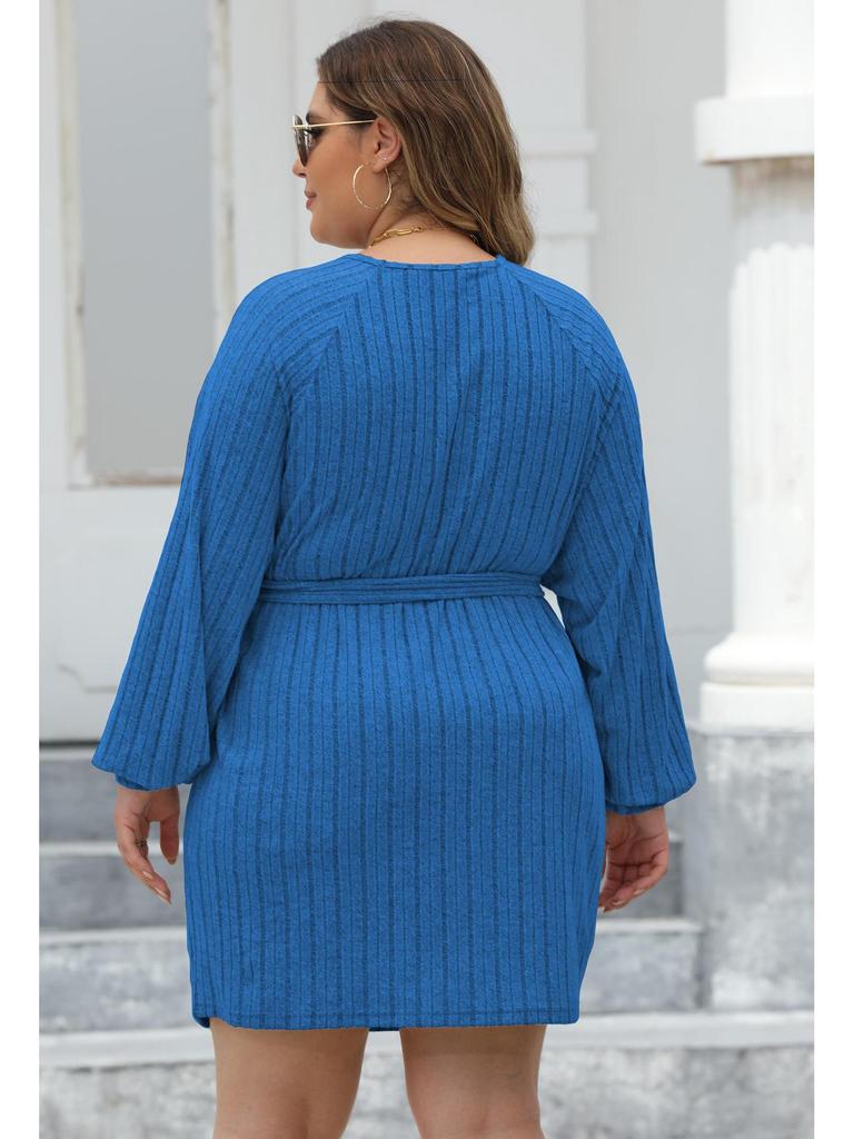 2025 Women's Plus Size Ribbed V-neck Strappy Knit Dress - Casual and Stylish