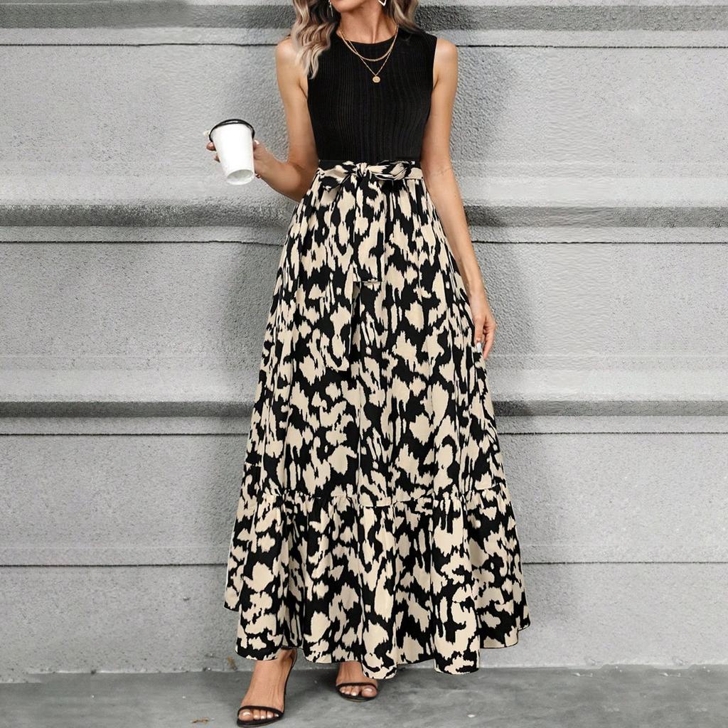 Women's Floral Print High Waist Fashionable And Elegant Sleeveless Dress