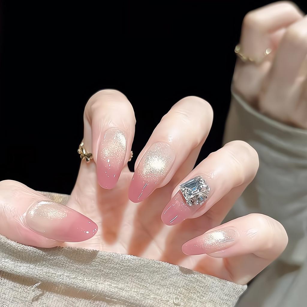 Press On Nails Cat Eye Fake Nails with Glitter Design Artificial Acrylic Nails Glossy False Nails Full Cover Stick On Nails Glue On Nails for Women