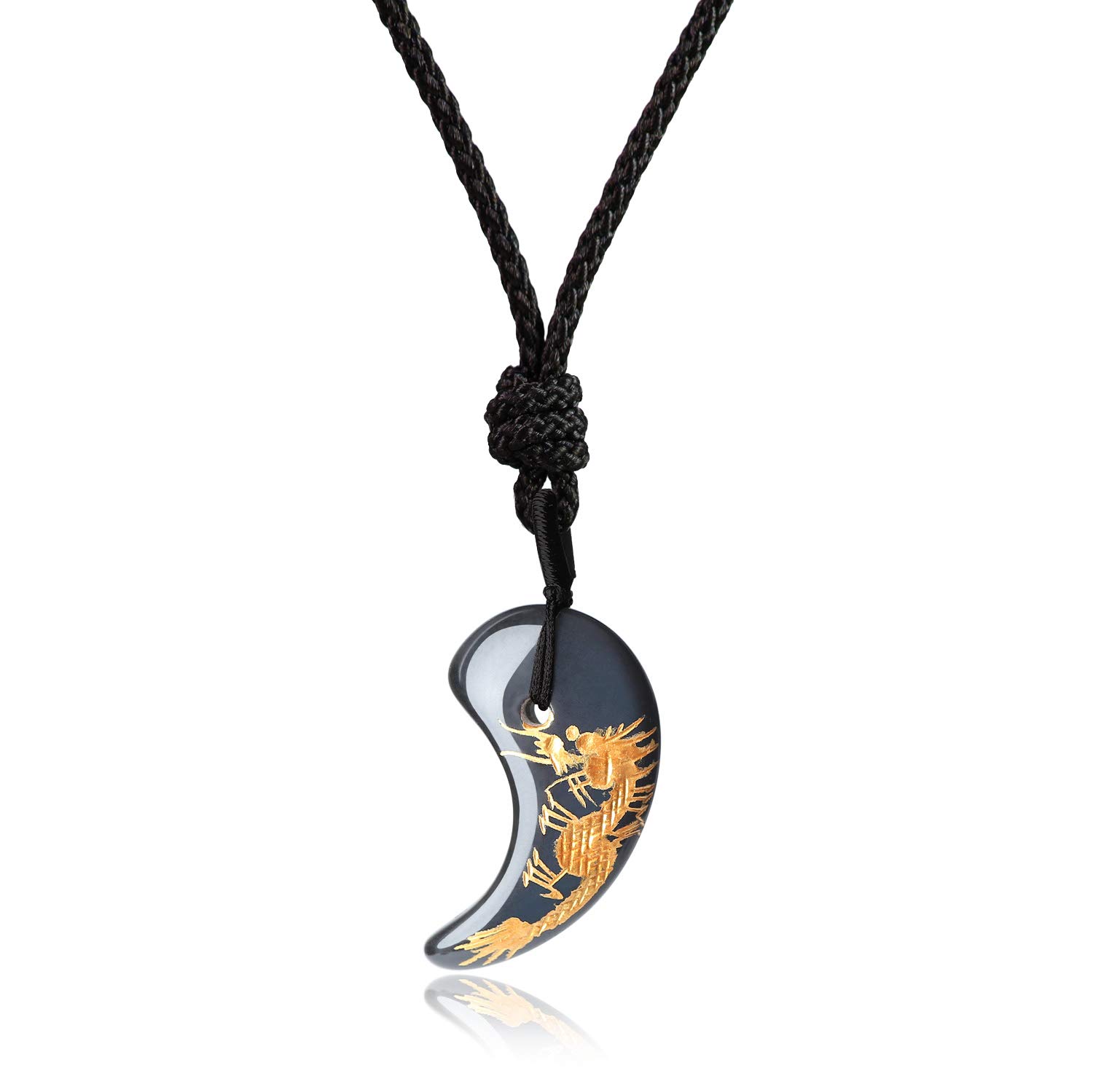 

Obsidian Dragon Carving Amulet Magatama Necklace Adjustable Length for Men and Women [Koai] чорний