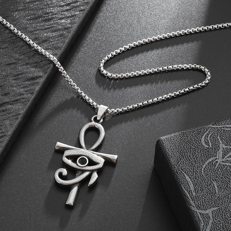 Stainless Steel Ankh Eye of Horus Cross Pendant Necklace Men's and Women's Fashion Amulets Jewelry Gift Accessories