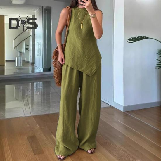 2-teiliges Outfit für Damen mit unregelmäßigem Saum, ärmelloses Oberteil mit Rundhalsausschnitt, Hose mit weitem Bein, Lounge-Set, lässiger Sommer-Trainingsanzug