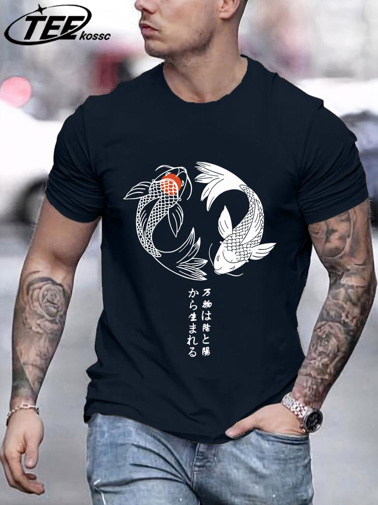 Two Koi Fish Swimming In WatertShirts Men Cotton Casual T Shirt Breathable Crewneck Short Sleeve Unisex Summer Fashion Clothing