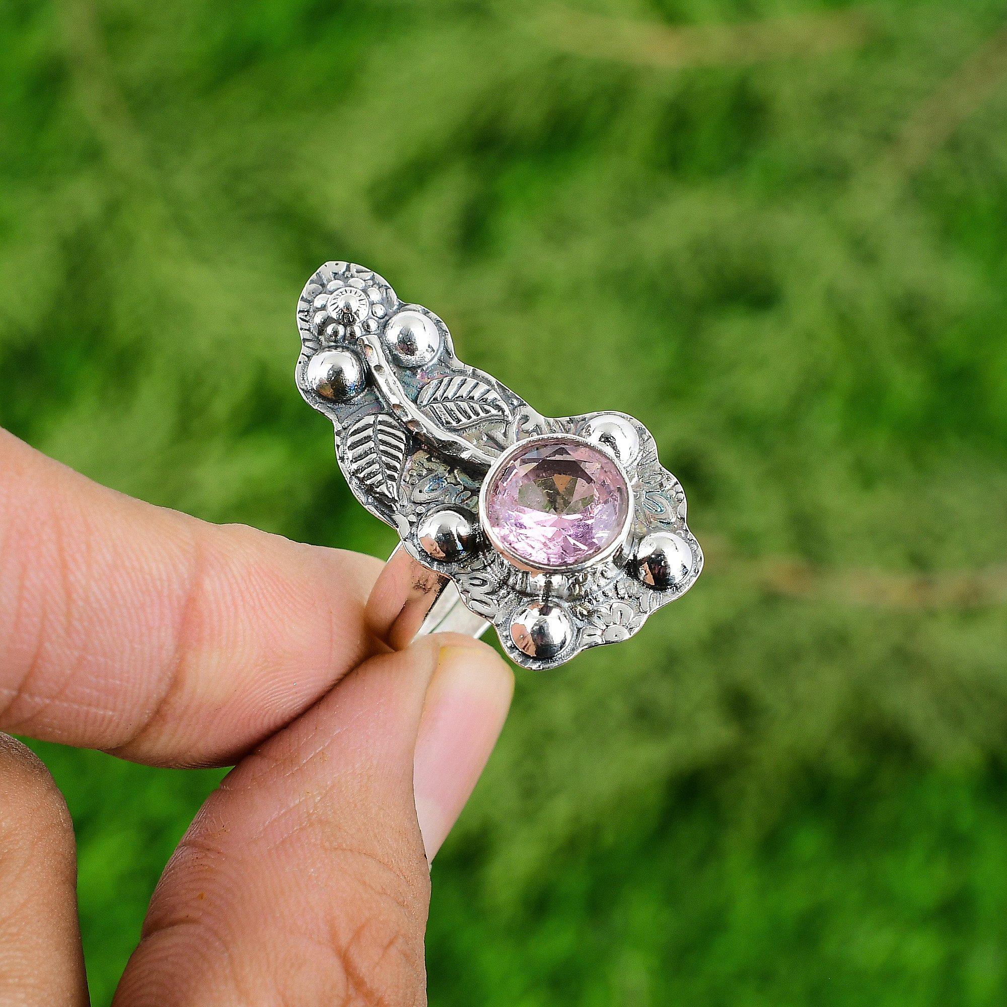 

Round Natural Pink Topaz Statement Wife Flower Elegant Ring 925 Sterling Silver Adjustable