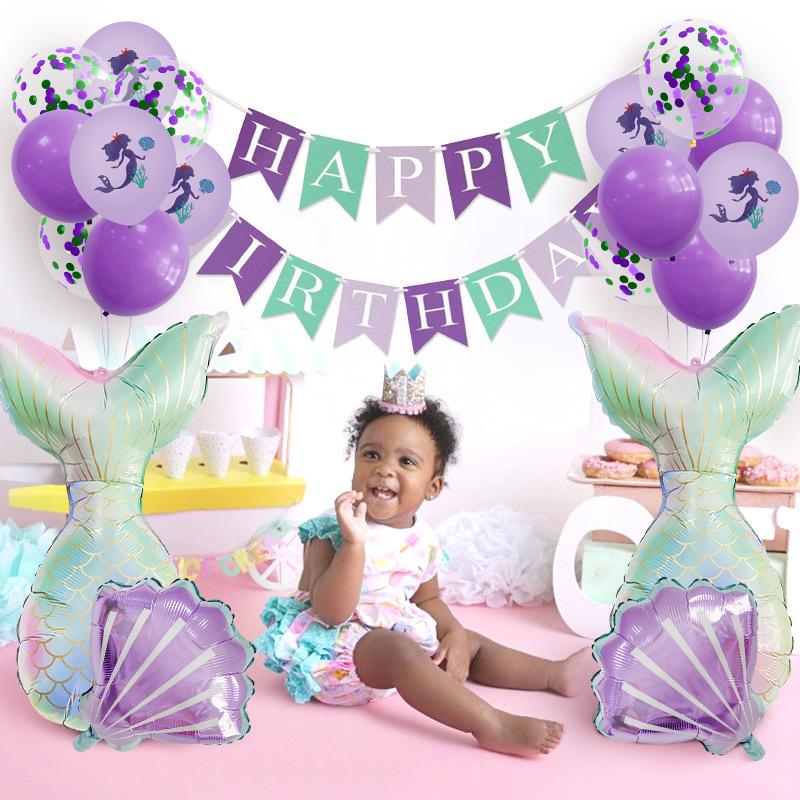 23Pcs Mermaid Print Latex Balloon Aluminum Film Fishtail Sequins Birthday Flag Party Scene Arrangement