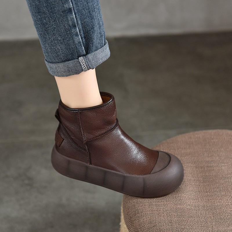 Johnature Vintage Handmade Genuine Leather Thick Soled Short Boots Round Toe Women's Flat Platform Shoes