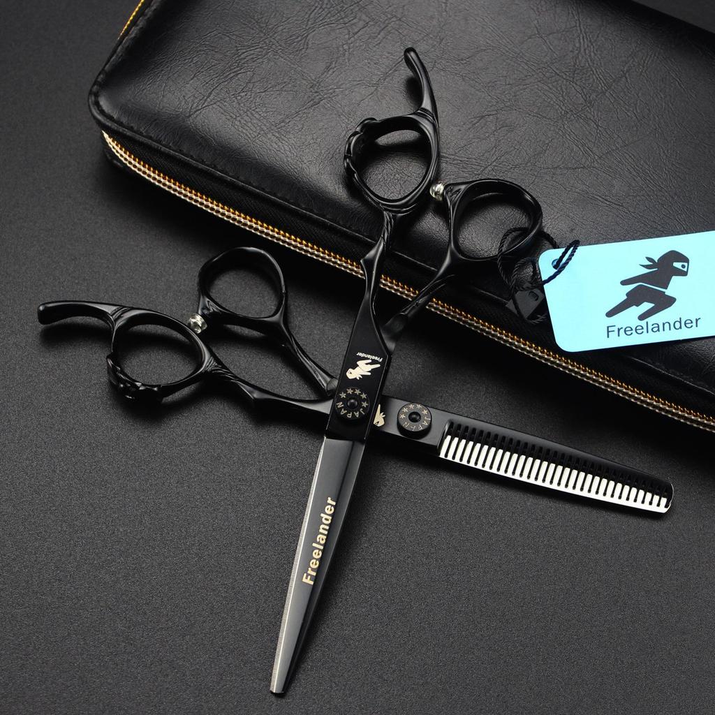 6.0" Black Ring Handle Hairdressing Scissors Set: Straight & Thinning Shears