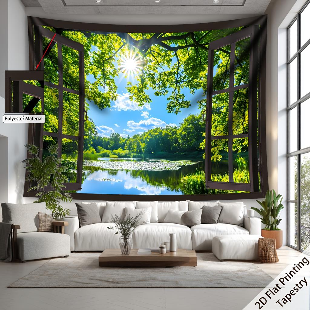 1Pc Forest Lake Sunshine Window View Tapestry Wall Hanging, Decorative Fabric Poster for Bedroom, Living Room, Dorm & Home Decor