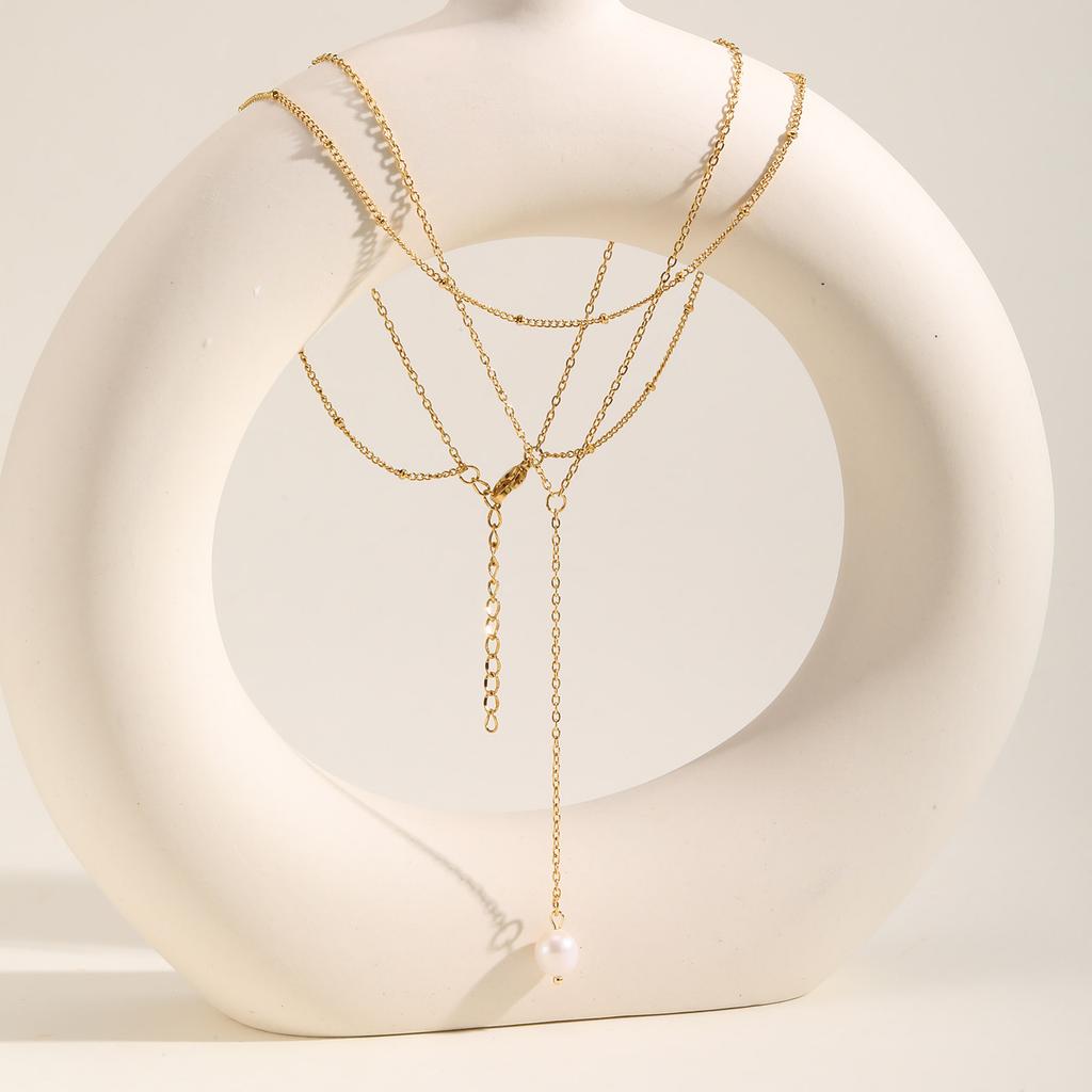 Stainless Steel Y-shaped Tassel Necklace for Women,Gold Color Double-layer Chain Necklace Waterproof Jewelry Gift