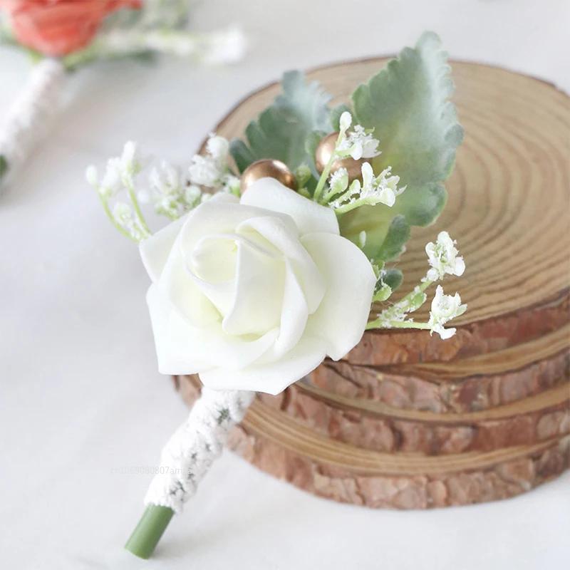1pc Boutonnieres Flowers Artificial White Roses Silk Ivory Corsage Buttonhole Groomsmen Boutonniere for Men Wedding Supplies