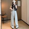 Women's High Waist Wide Leg Pants Trousers Summer Casual Japanese Korean Style Drawstring Pocket Ice Silk Textured Drape Long Trousers