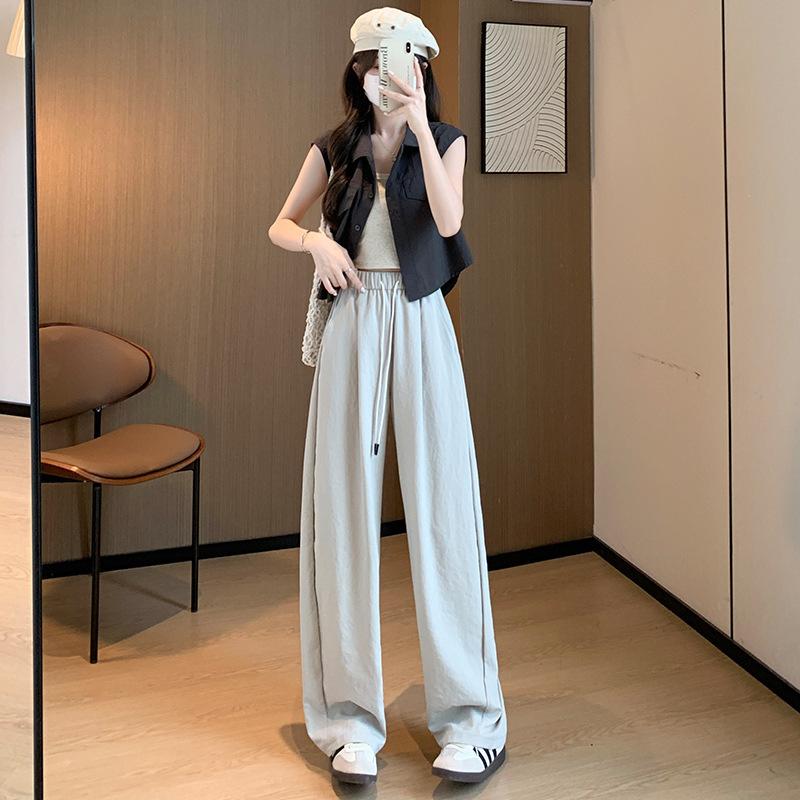 Women's High Waist Wide Leg Pants Trousers Summer Casual Japanese Korean Style Drawstring Pocket Ice Silk Textured Drape Long Trousers