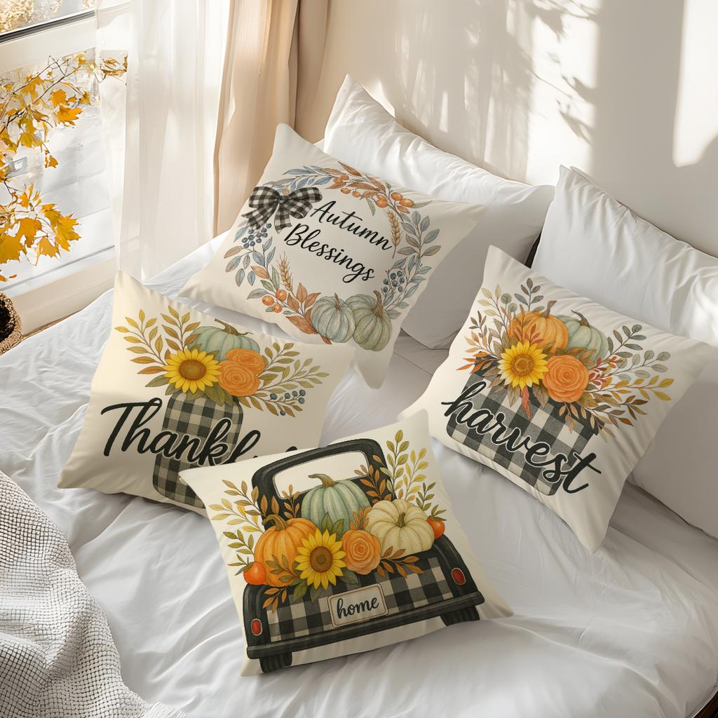 4Pcs/Set 45X45Cm Thanksgiving Retro Pumpkin Flowers Pillowcase Bedroom Sofa Living Room Cushion Cover 100% Polyester Home Decor
