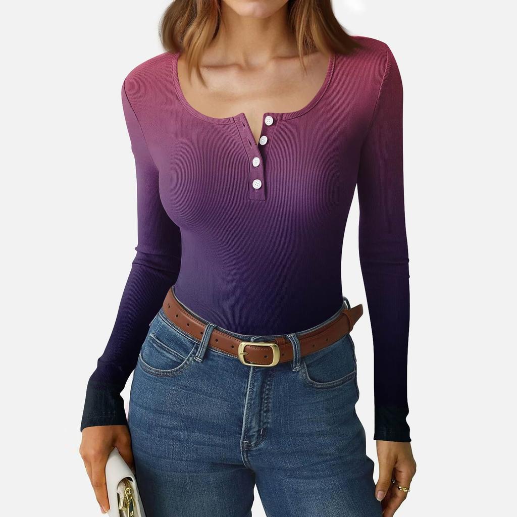 Dámské tričko s úzkým spodním lemem Módní ležérní s gradientním potiskem Kulatý výstřih Pulovr Dlouhý rukáv Top