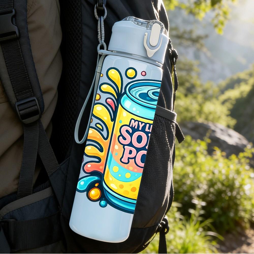 1PC Soda Pop Can Burst Cartoon Print 750ml Color Plastic Sports Water Bottle Leakproof Flip Straw Lid Suitable for Sports Office Home Use