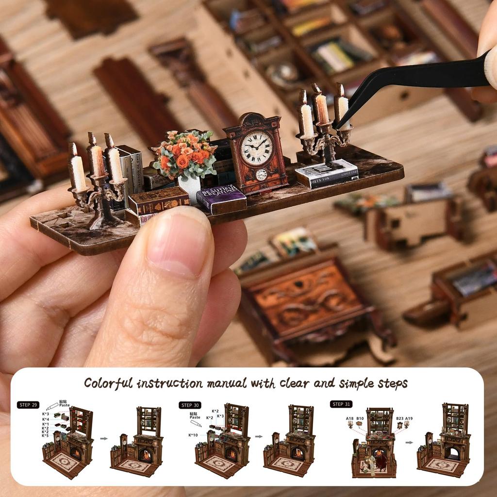 CRESYMME Miniature House Dollhouse Book Nook Kit Wooden DIY 3D Hobby Handmade (Lamped Study)